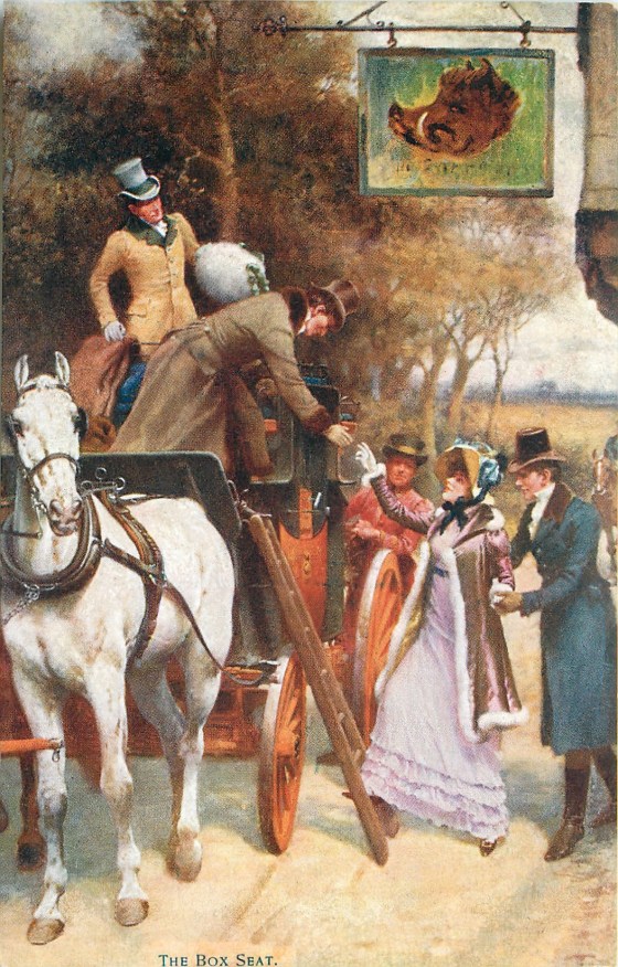 Detail of The Start showing a female passenger climbing up on the box, by Gilbert Wright 