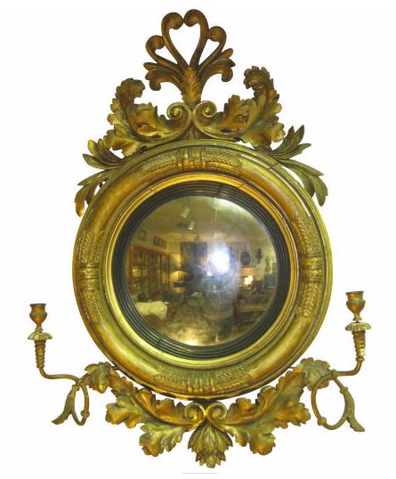 An English Regency mirrored girandole with convex bull's-eye mirror.