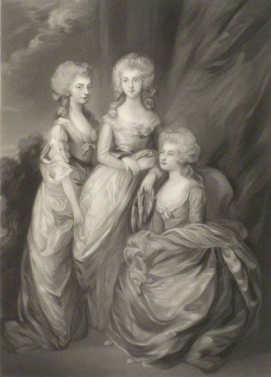 Princess Elizabeth (center) with her sisters Princess Augusta Sophia (left) and Charlotte Augusta Matilda, Princess Royal (seated). by Arthur N. Sanders, published by Henry Graves, after Thomas Gainsborough (1784) NPG D15000 © National Portrait Gallery, London