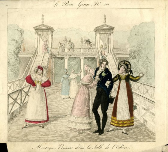 A gentleman and two masked revelers at a Helter Skelter slide; 1817.