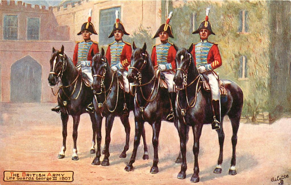 Illustration of four men on horseback. Each man is dressed military uniform. 