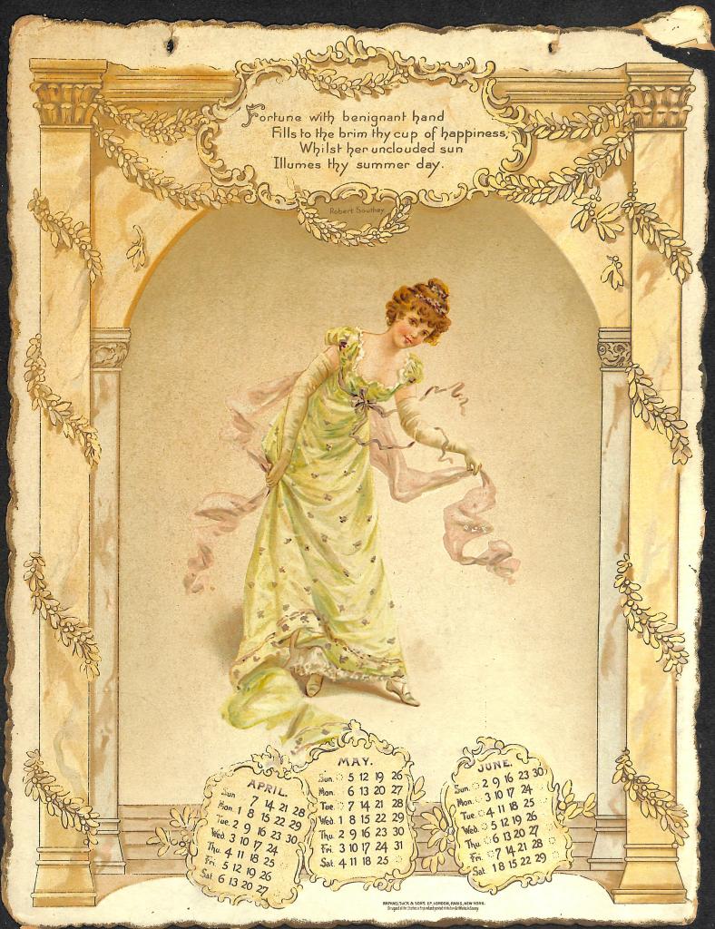 Image of young woman bowing and smiling. Above reads: "Fortune with benignant hand Fills to the brim thy cup of happiness, Whilst her unclouded sun Illumes thy summer day." Robert Southey.