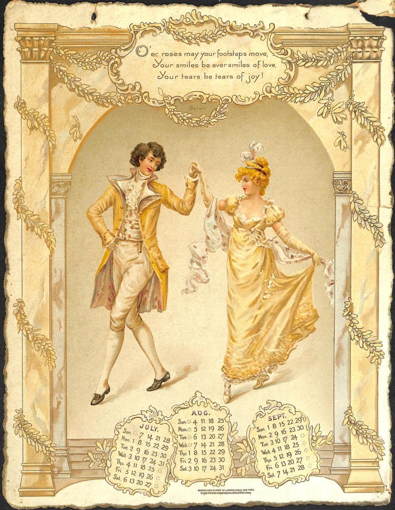 Image of regency couple dancing. Above them reads: "O'er roses may your footsteps move, Your smiles be ever smiles of love, Your tears be tears of joy!" Byron.