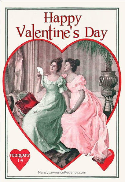 Image of two smiling young ladies in Regency era gowns seated together on chaise. One holds a letter she's reading. The other reads the letter over her shoulder. 