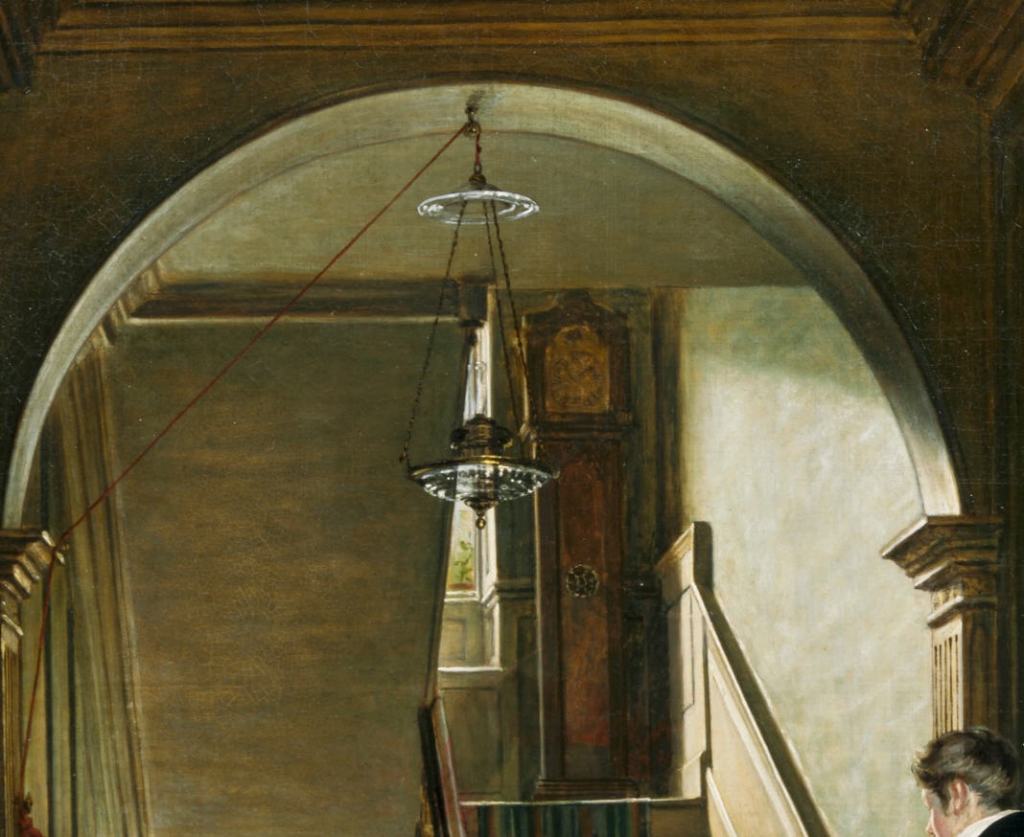 Detail of a portion of the painting that shows a tall case clock on the landing of the staircase. Nearby is a lamp hanging from a ceiling hook, through which is strung a long red rope with a large red tassel at the end.