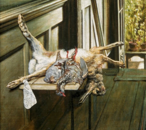 Image of a dead rabbit and two dead birds lying on the table. A hand-written paper tag is tied to one of the rabbit's legs.  