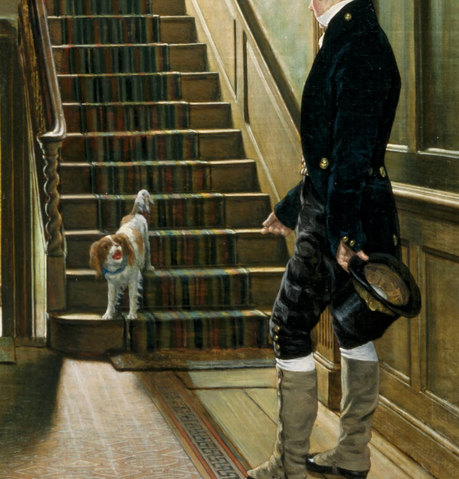 Close-up showing the gentleman's hand slightly reaching toward a small spaniel descending the stairs.
