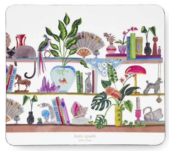 Mousepad with white background and color illustration of three horizontal shelves that display plants, books, candles, vases, figurines, and a goldfish in a bowl.