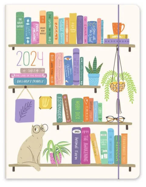 Cover of planner for 2024 illustrating four shelves that hold books, plants, eyeglasses, and a coffee mug. On the lowest shelf sits a cat wearing eyeglasses. 