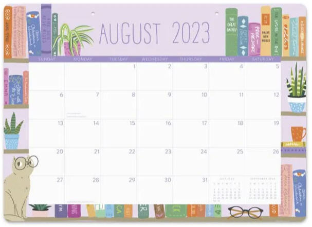 Large calendar page for the month of August 2023 that displays the days of the month in white squares. Surrounding the calendar are illustrations of books, plants, coffee mugs on shelves. In the lower left corner sits a cat wearing eyeglasses.