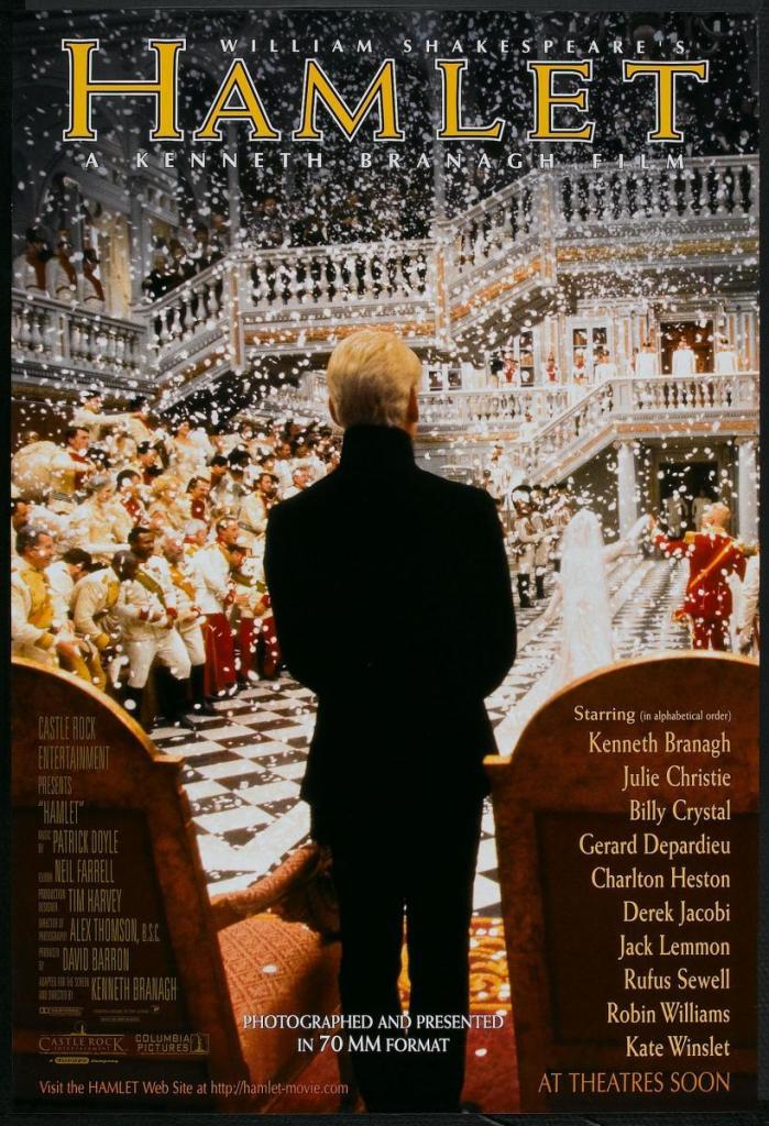 Poster for the film Hamlet shows the lead character with his back to the camera as he looks upon a large room where a wedding takes place and confetti falls upon the gathered guests.