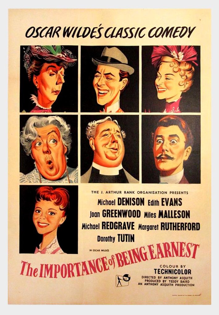Movie poster for "The Importance of Being Earnest" shows caricatures of the seven characters in the film, each with a different facial expression.
